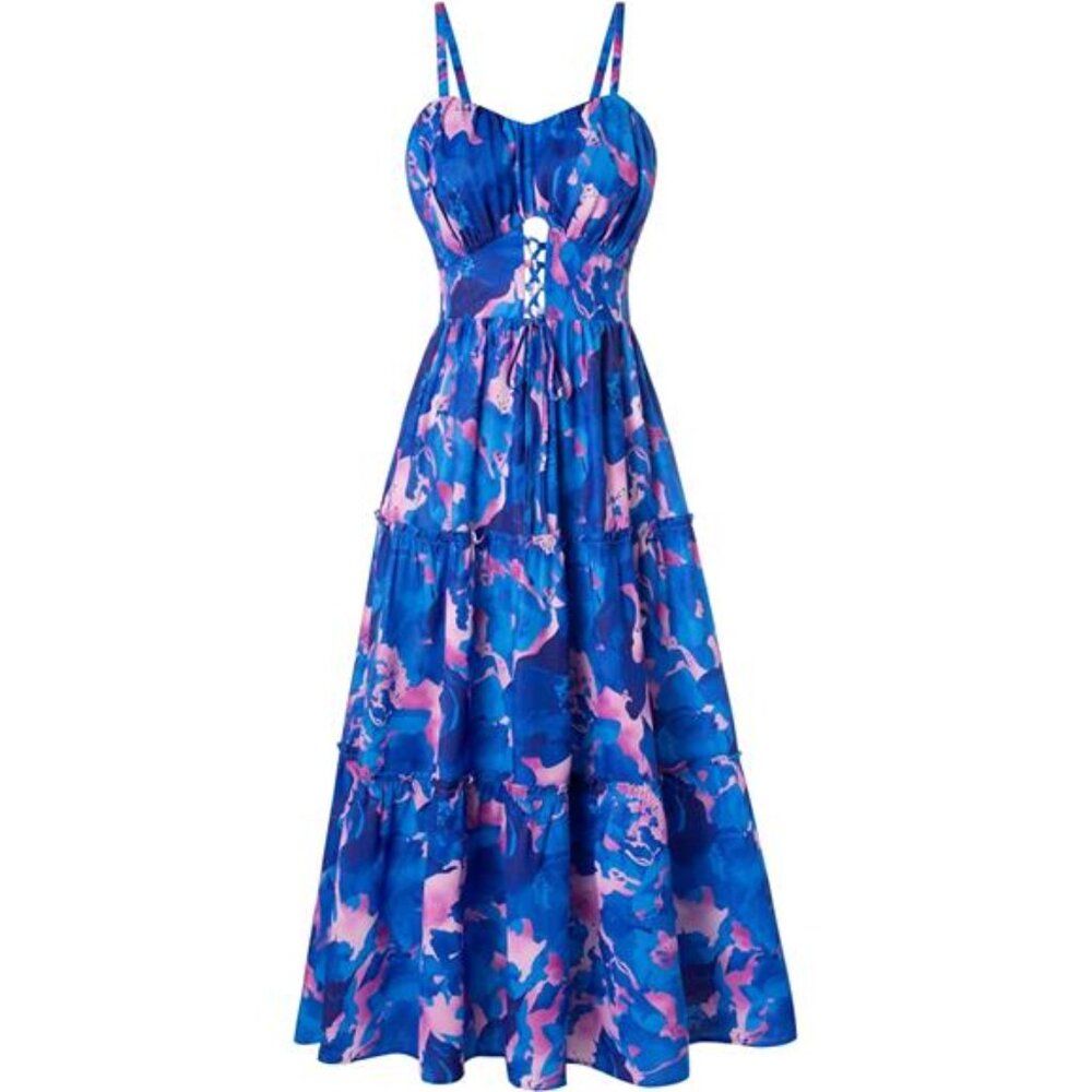 Women's Summer Floral Dress Spaghetti Strap Smocked Tiered Boho Maxi Long Dress